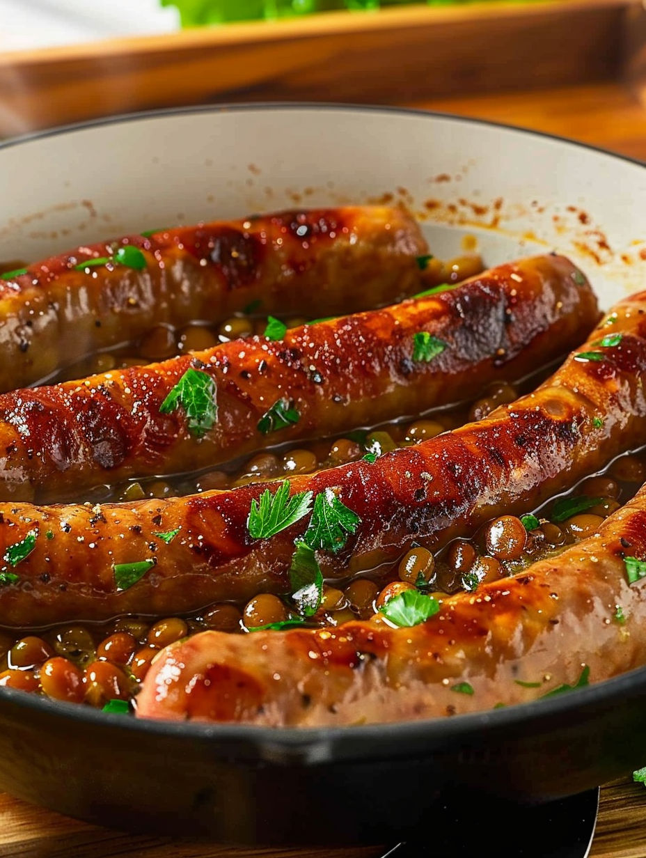 A bowl of sausages and lentils.