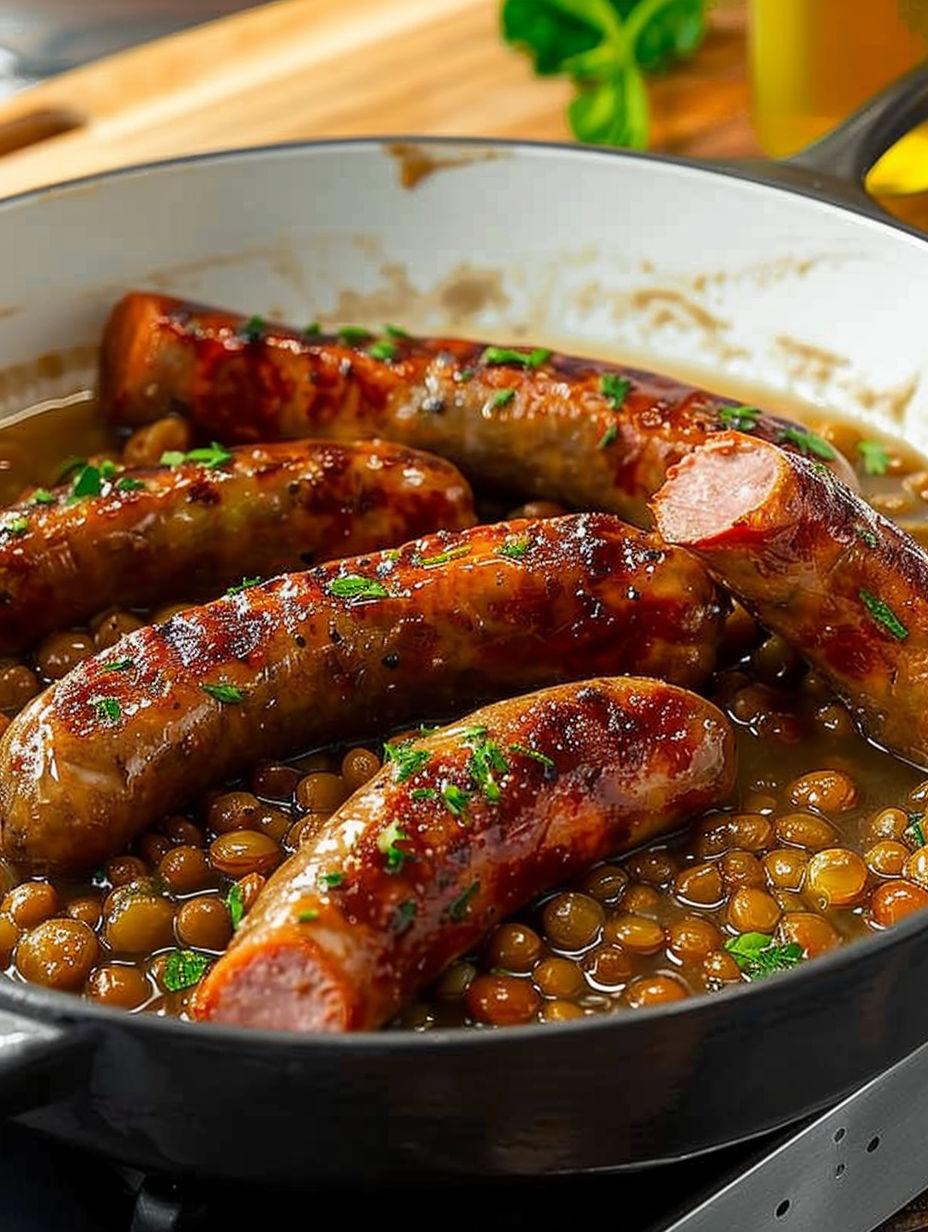 A bowl of sausages and green beans.