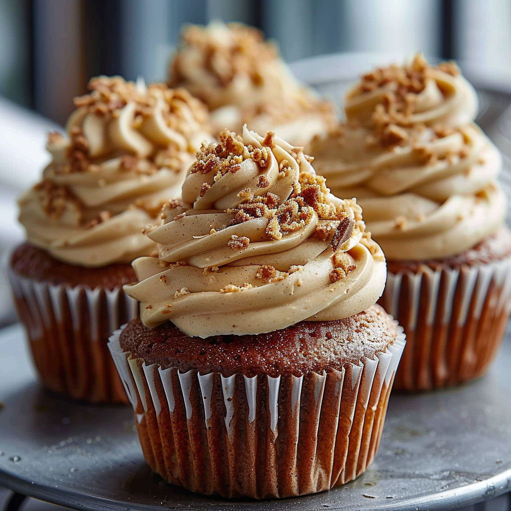 Two cupcakes with banana cream and nuts on top.