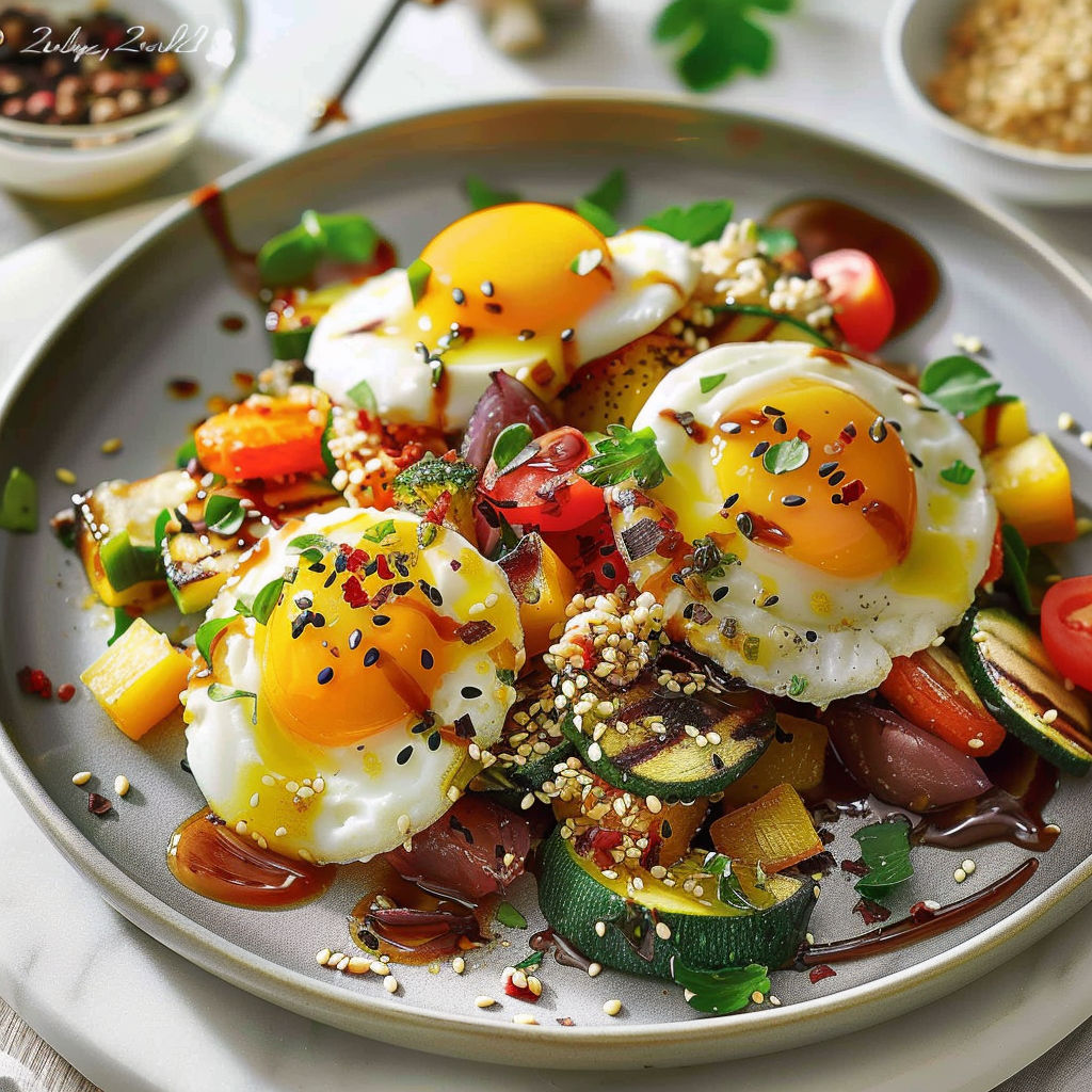 A plate of food with eggs and vegetables.