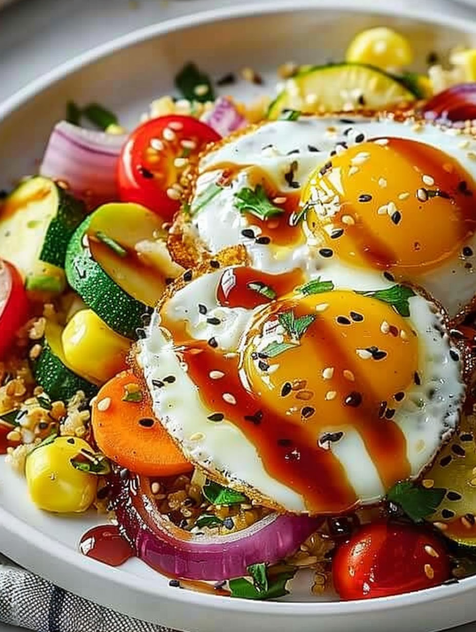 A plate of food with eggs, tomatoes, onions, and other vegetables.