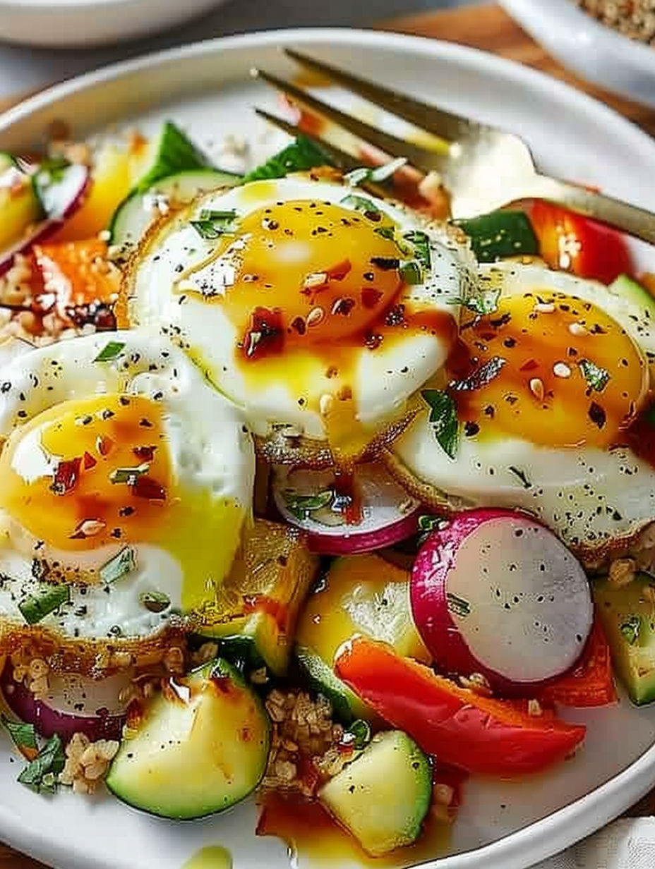 A plate of food with eggs, vegetables, and rice.