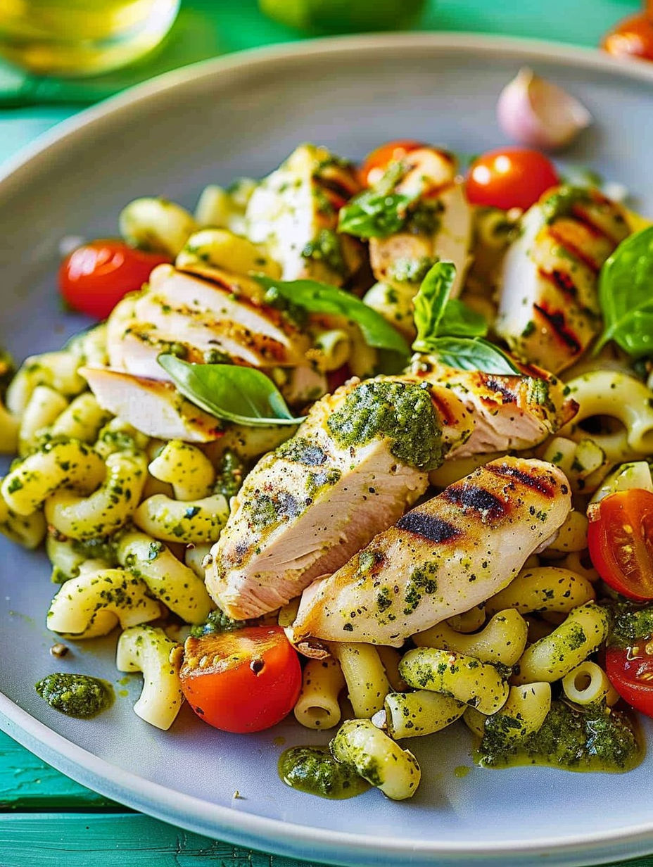 A plate of food with chicken, pasta, and tomatoes.