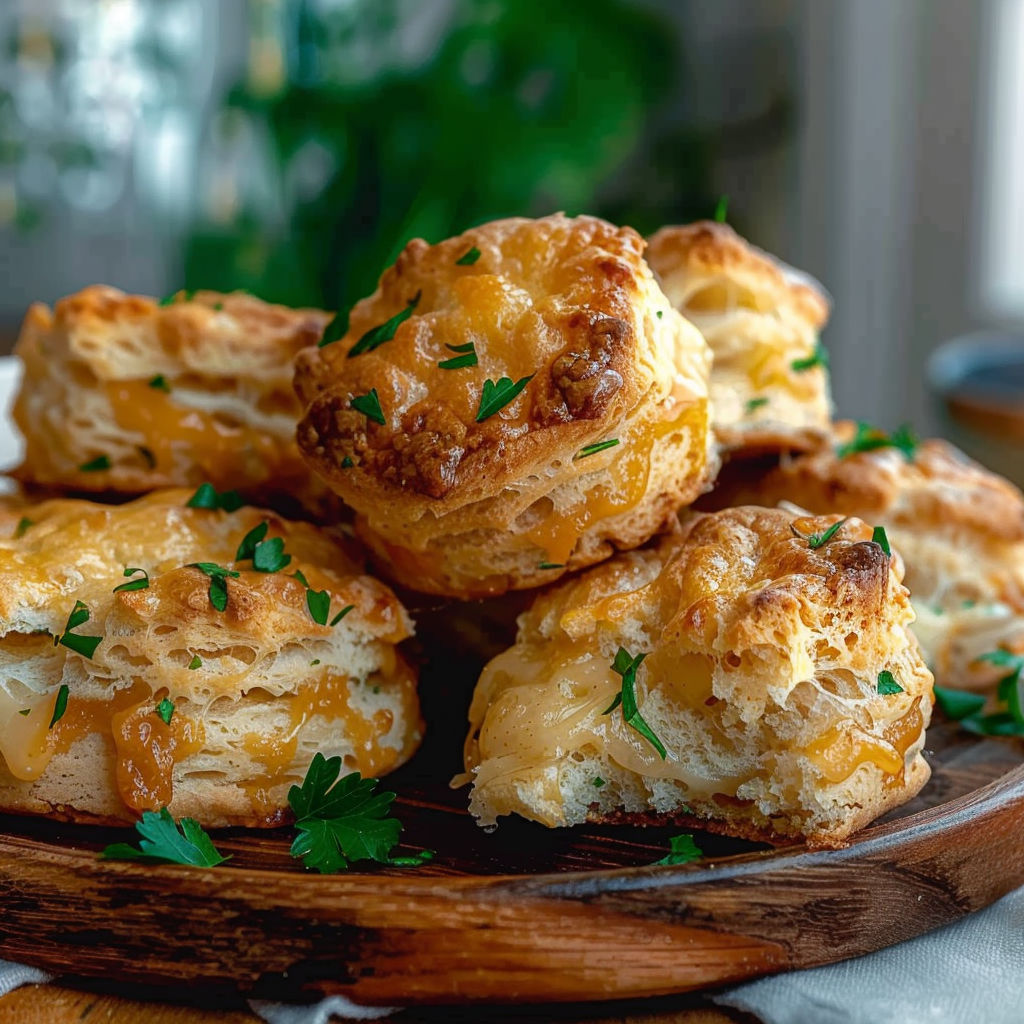 Scones with cheese and herbs on a wooden platter.