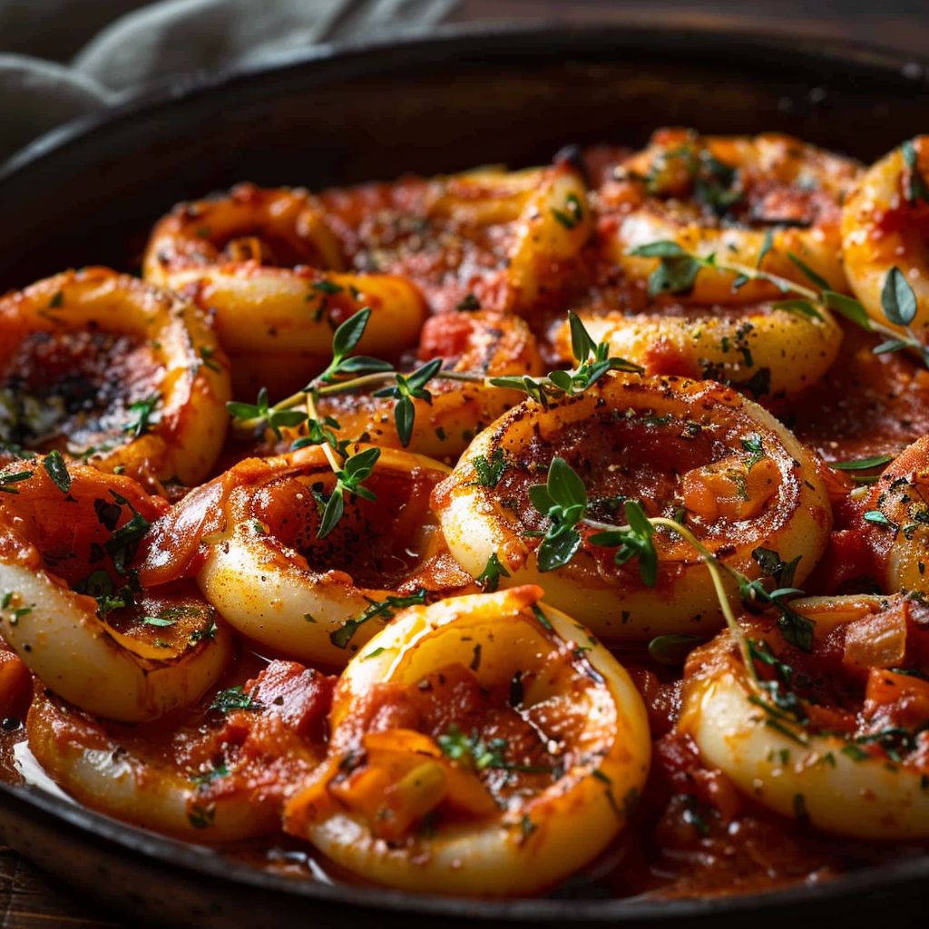 A dish of sausage and onions in a pan.