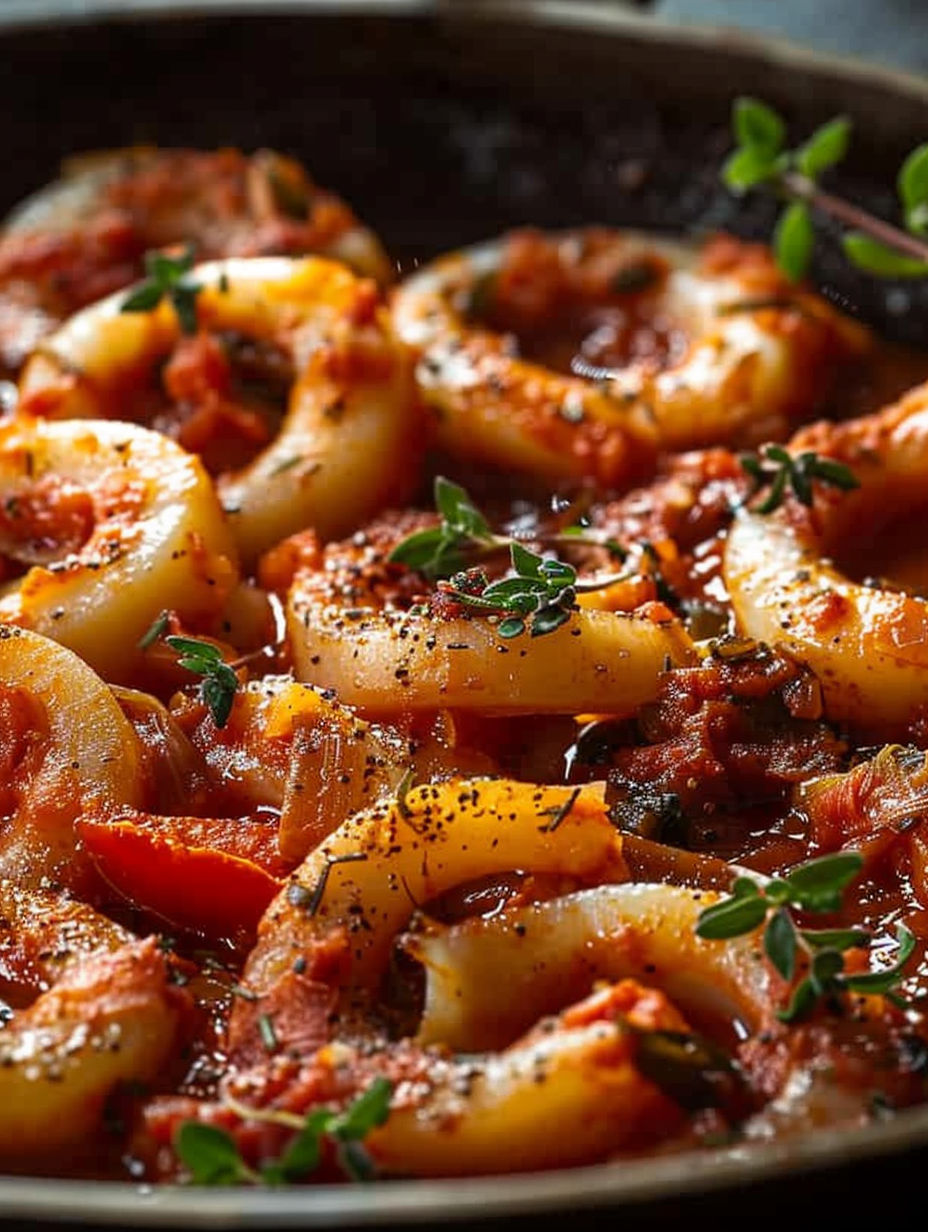 A close up of a dish with onions and tomatoes.