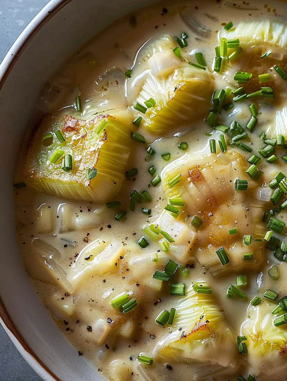 A bowl of soup with green onions in it.