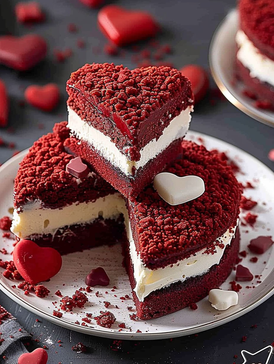 A piece of red velvet cake with white frosting and hearts on top.