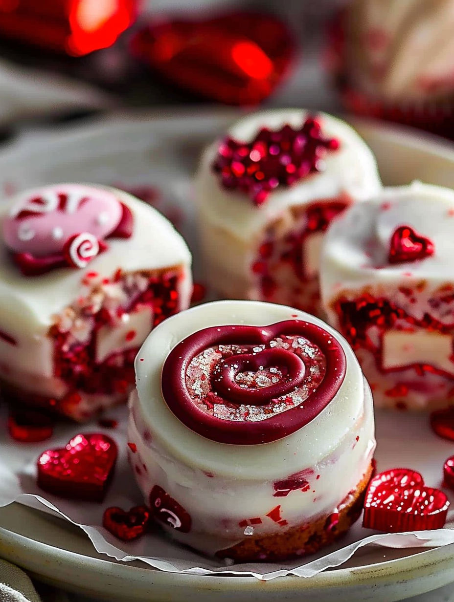 A plate of cupcakes with red and white frosting.