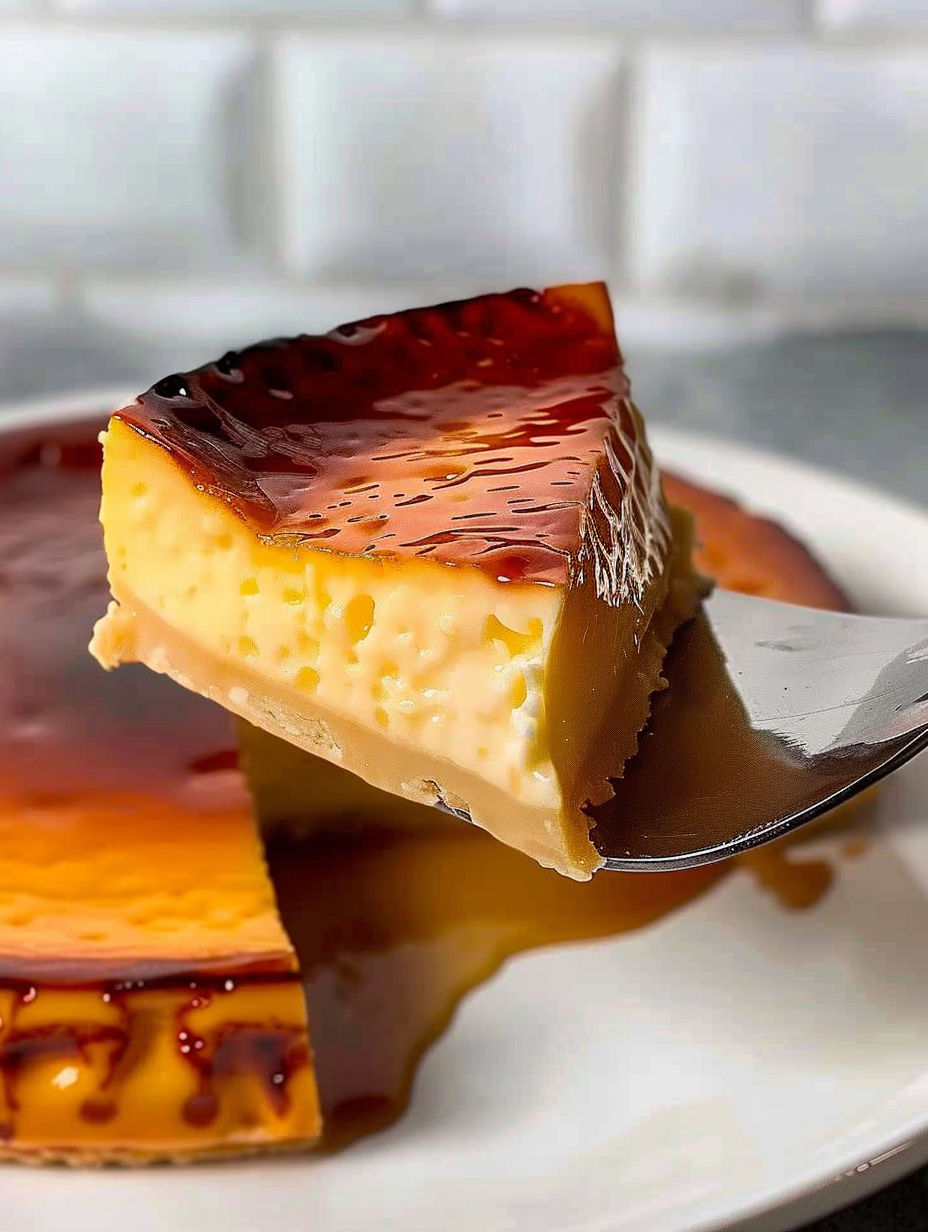 A slice of flan pâtissier traditionnel français.