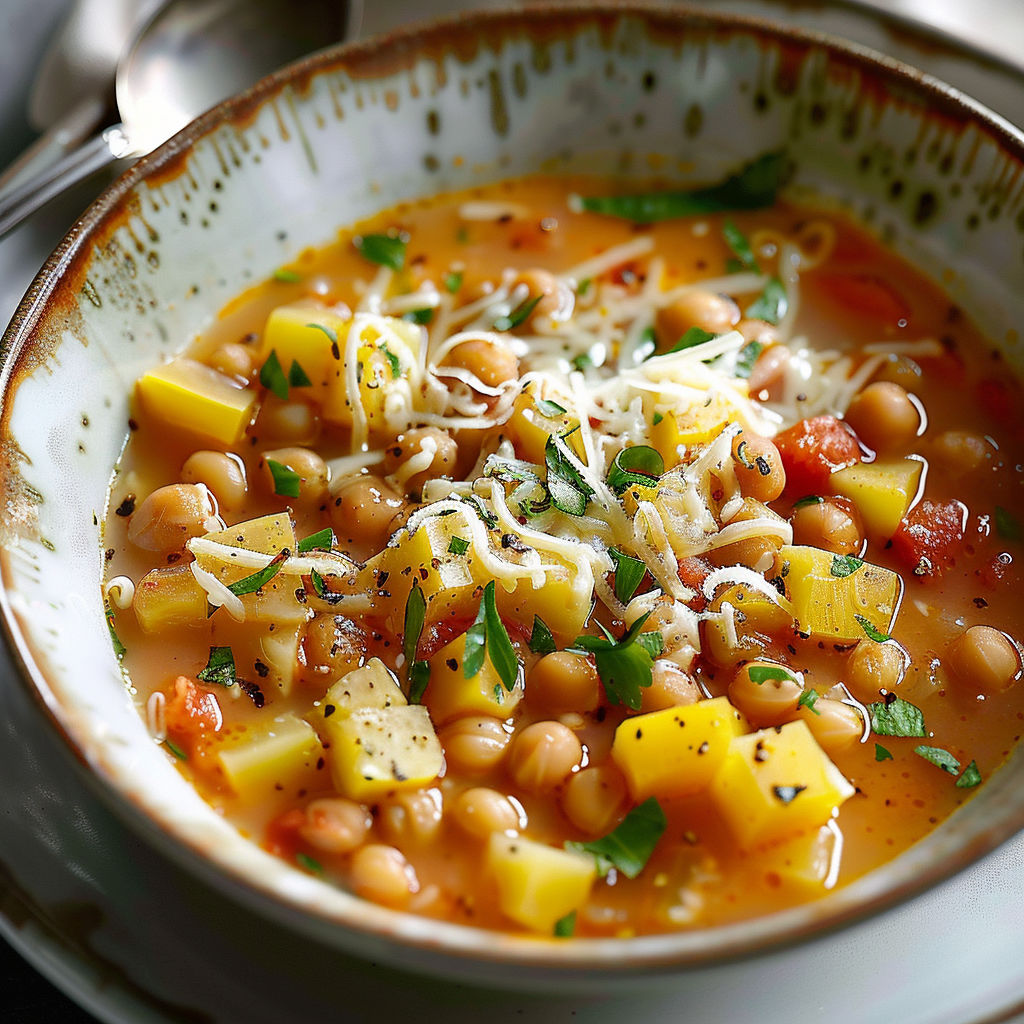 A bowl of soup with chickpeas and cheese.