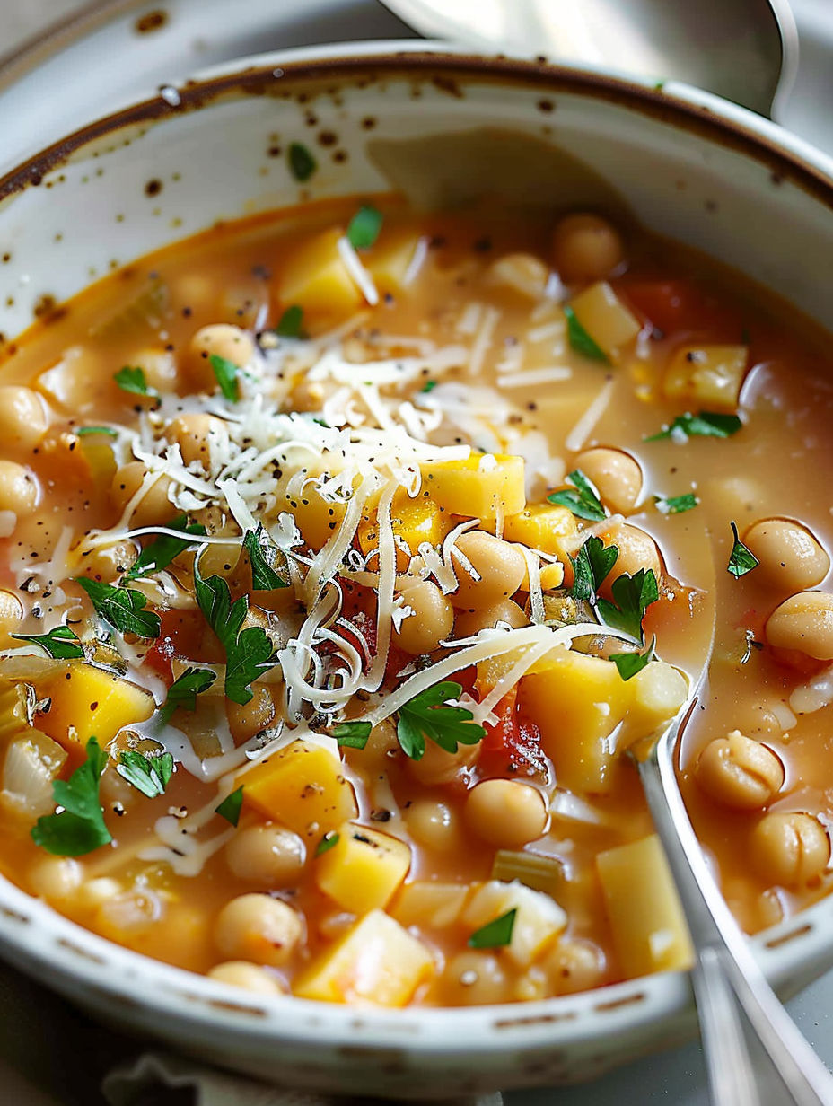 A bowl of soup with chickpeas and cheese.