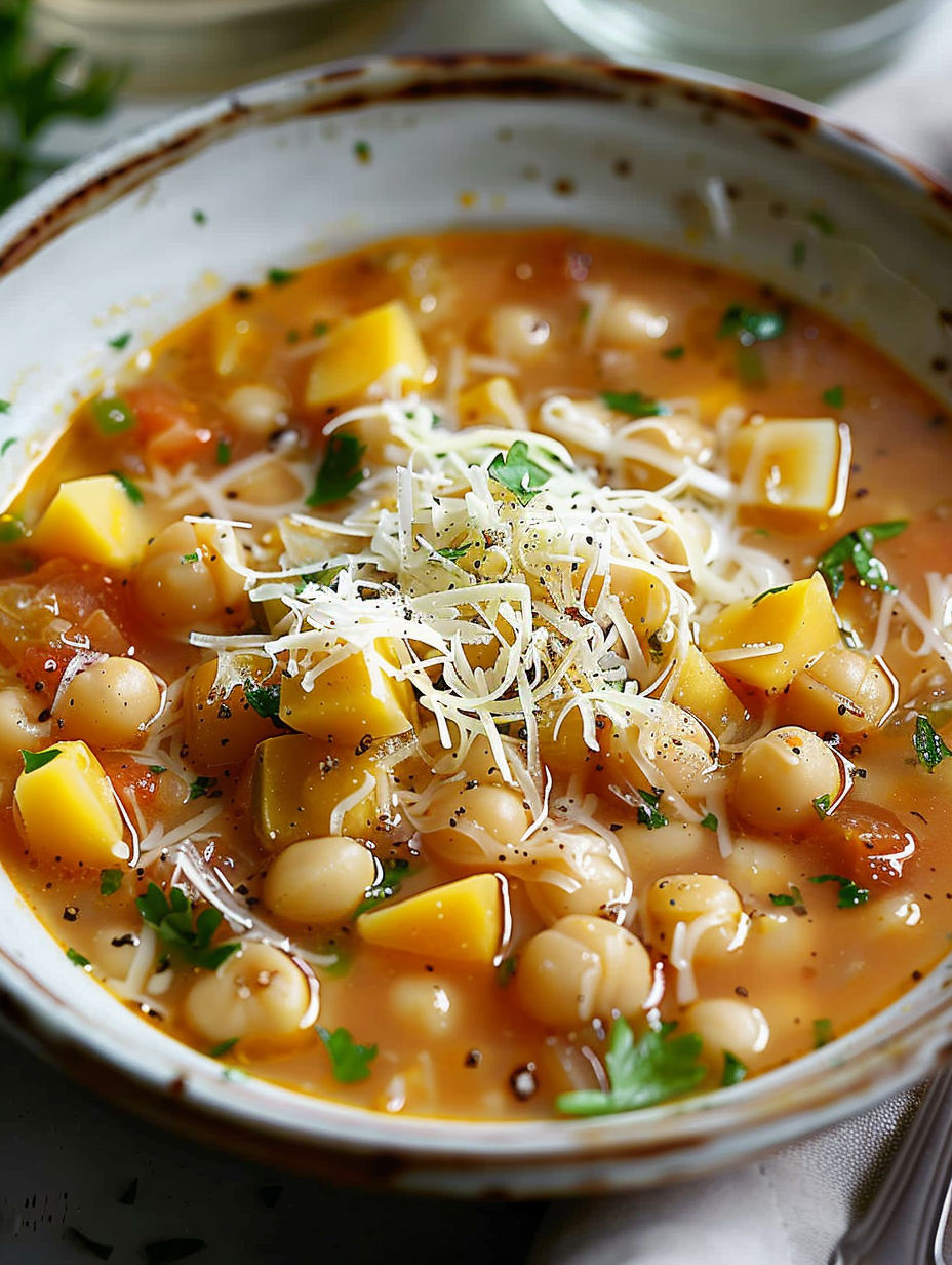 A bowl of soup with chickpeas and cheese.