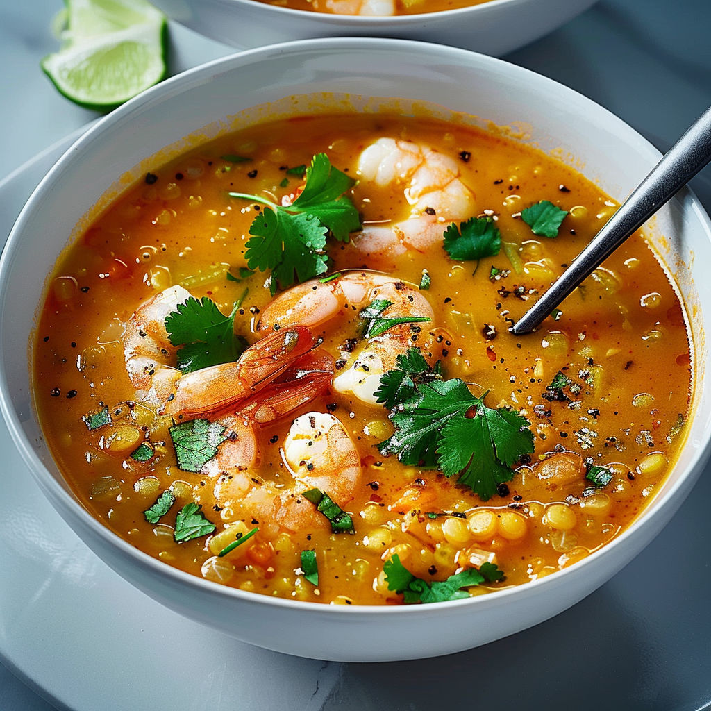 A bowl of soup with shrimp and garnish.