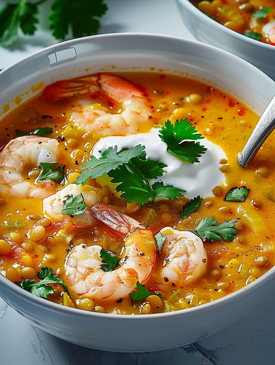 A bowl of soup with shrimp and vegetables.