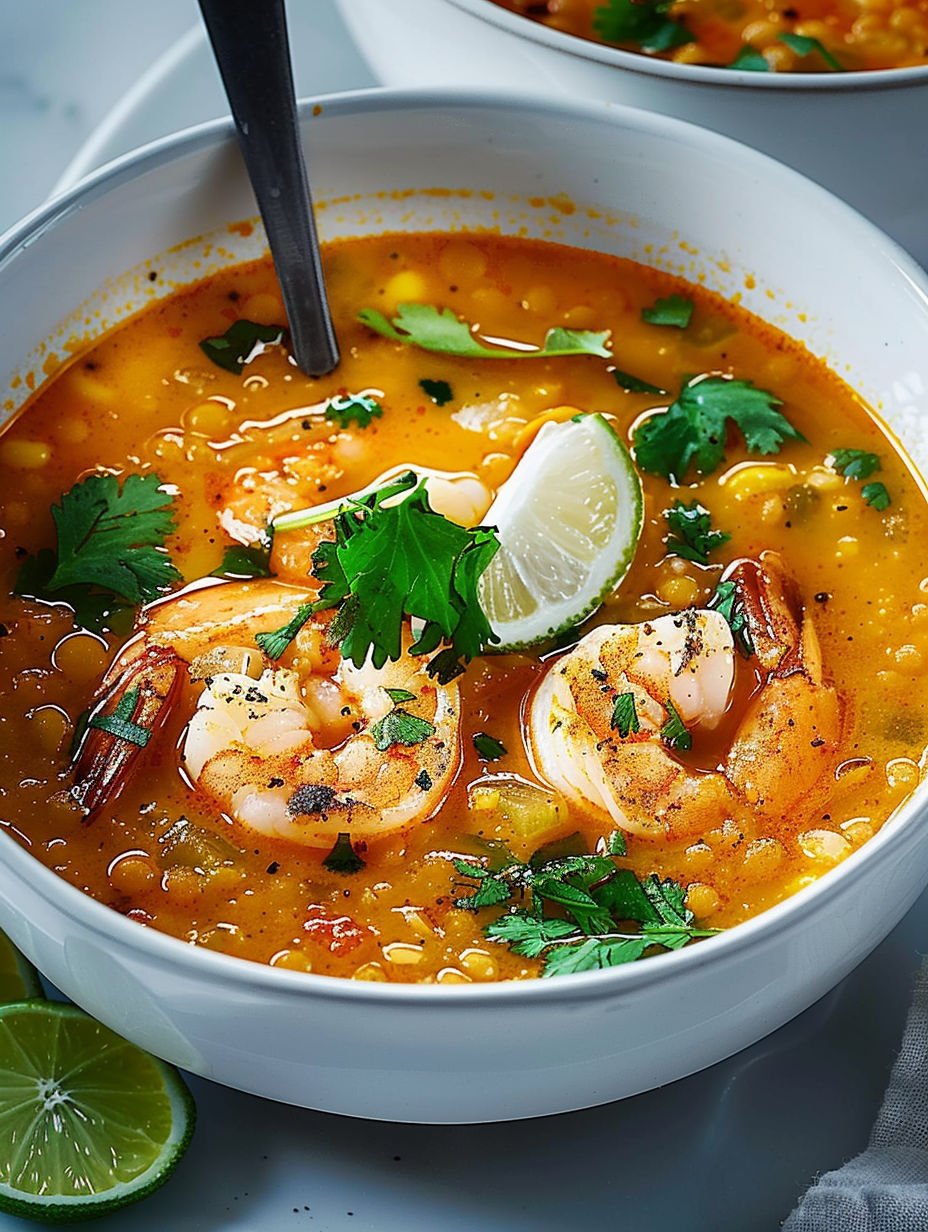 A bowl of soup with shrimp and lime.