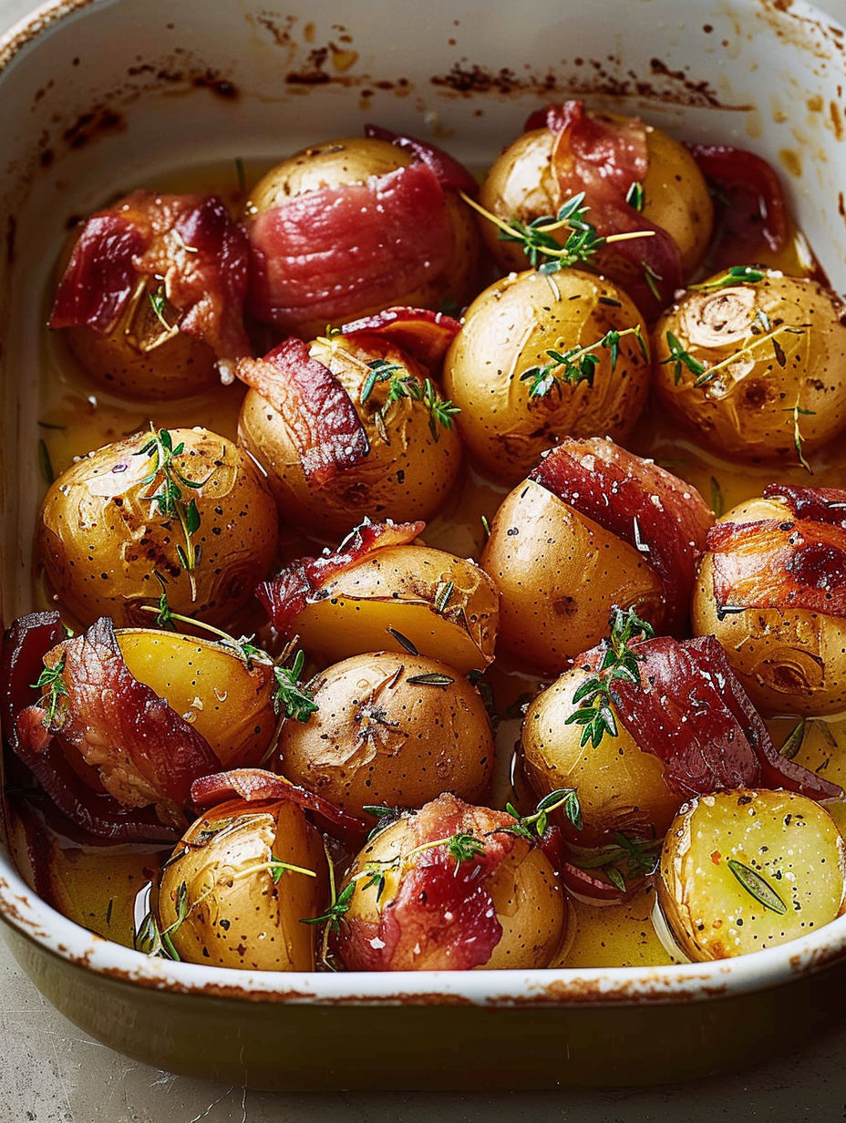 A dish of bacon wrapped potatoes.