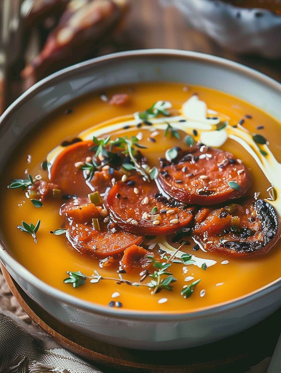 A bowl of soup with chorizo and potimarron.