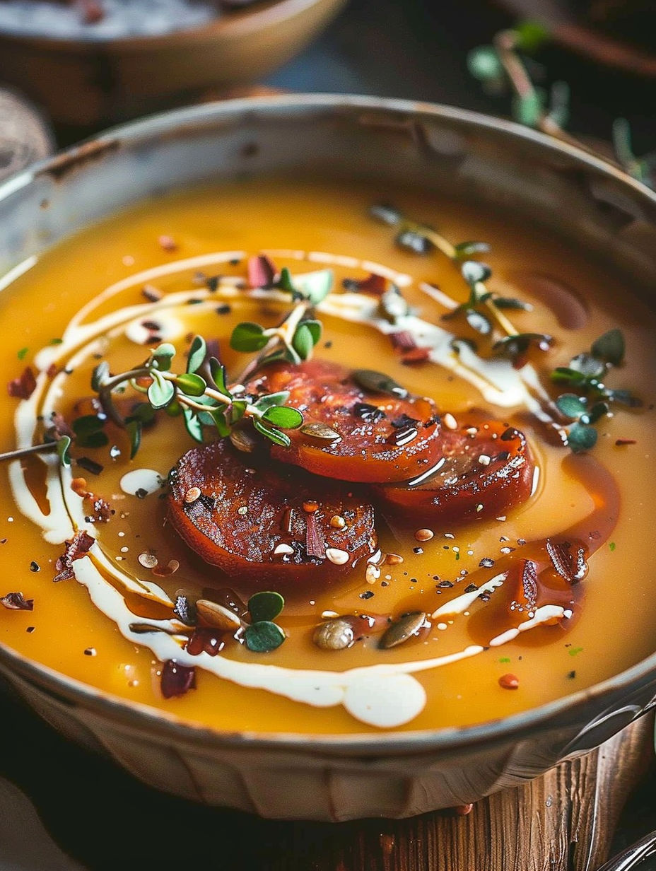 A bowl of soup with tomatoes and chorizo.
