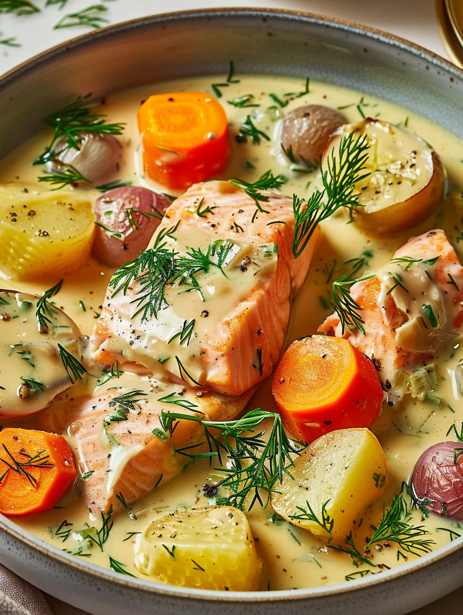 A bowl of food with fish and vegetables.