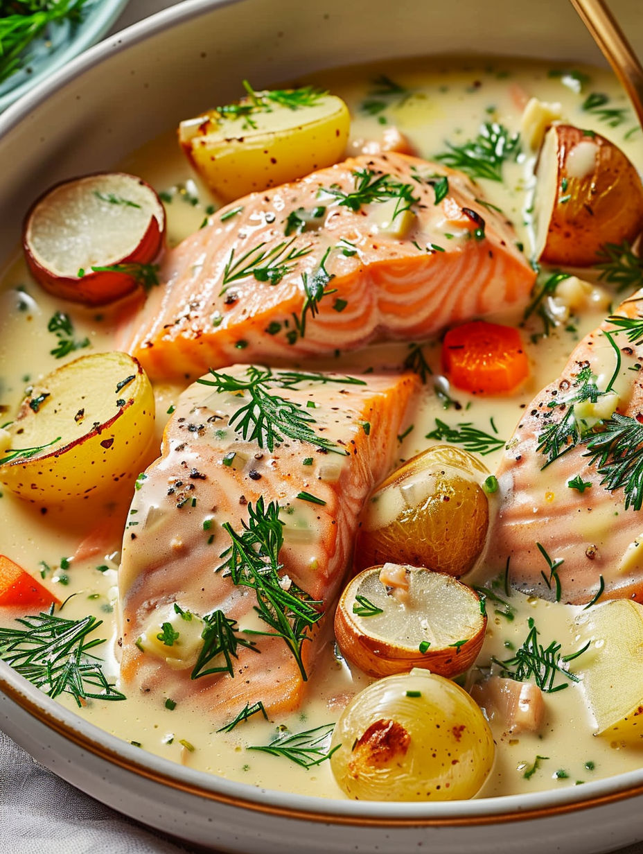 A dish of fish with vegetables.