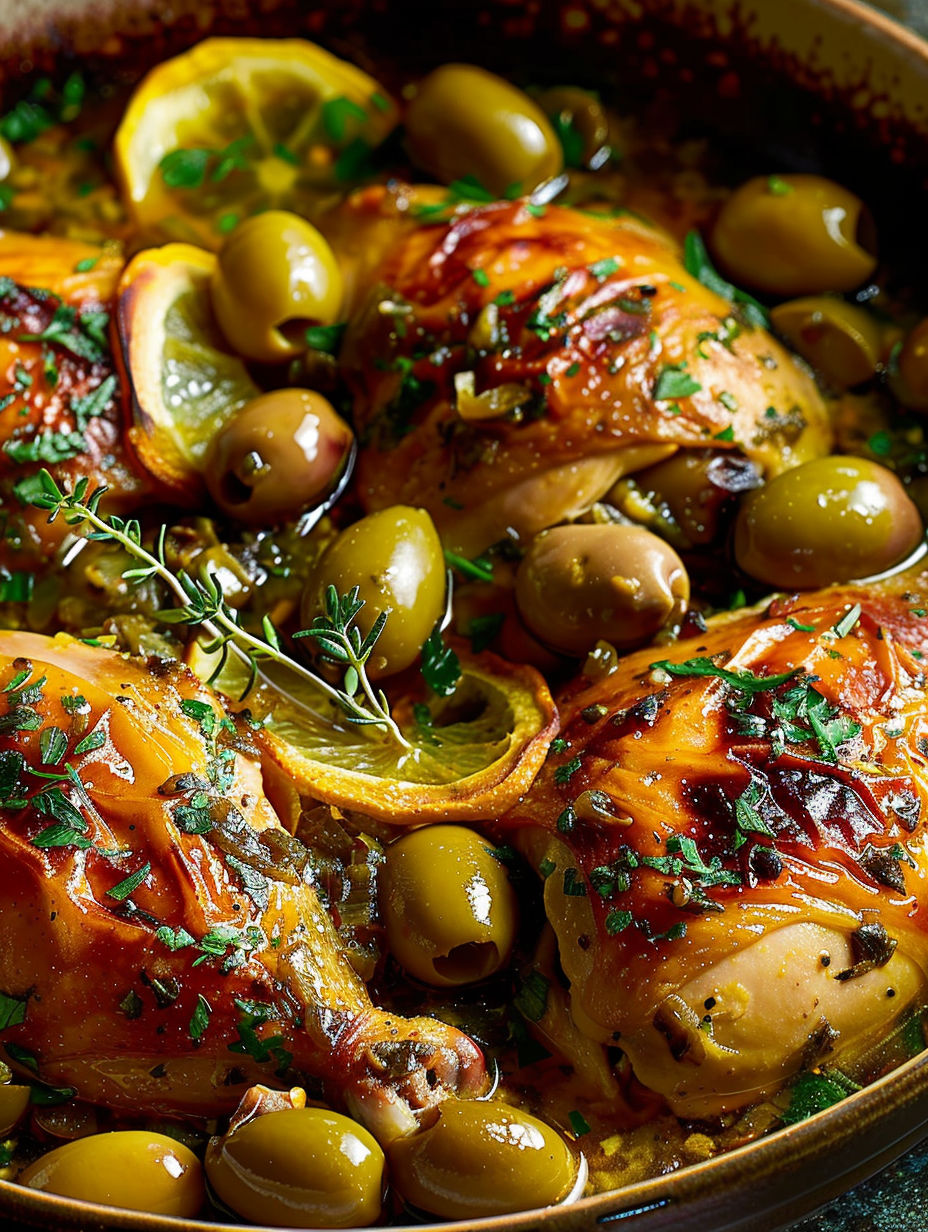 A dish of chicken with olives and herbs.
