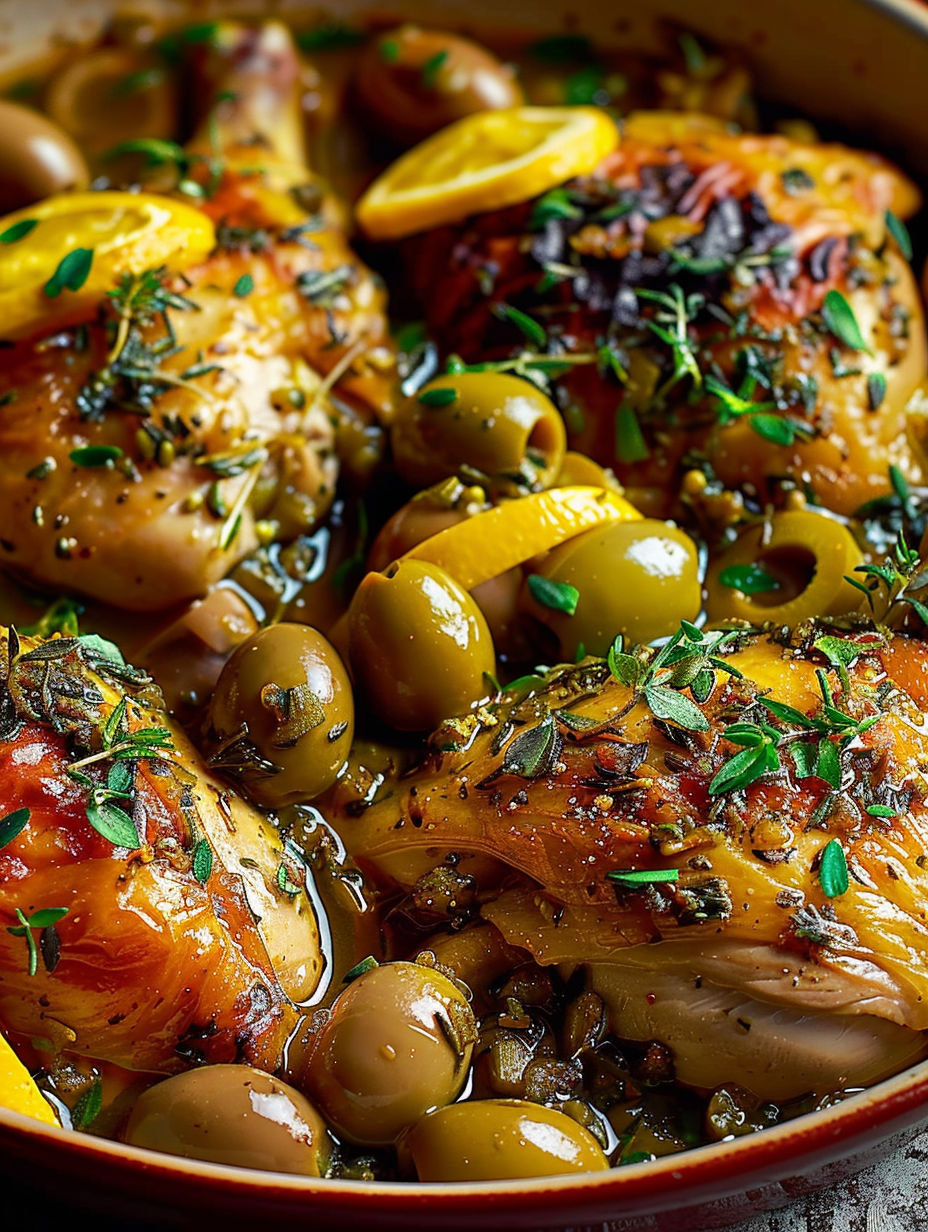 A plate of chicken with olives and herbs.