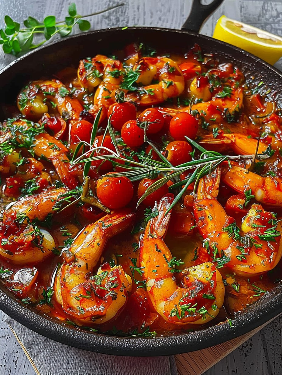 A pan of shrimp with tomatoes and herbs.