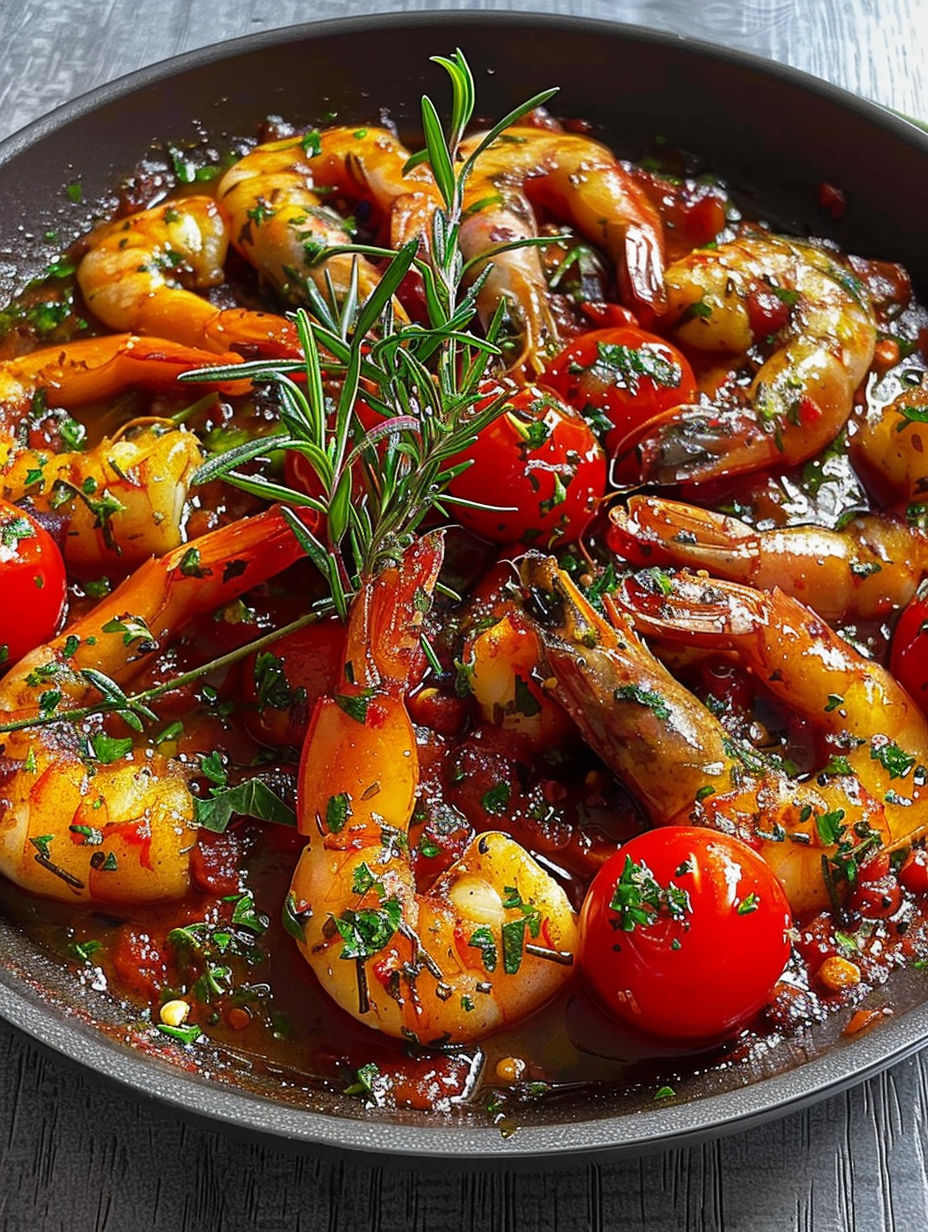 A dish of shrimp with tomatoes and herbs.