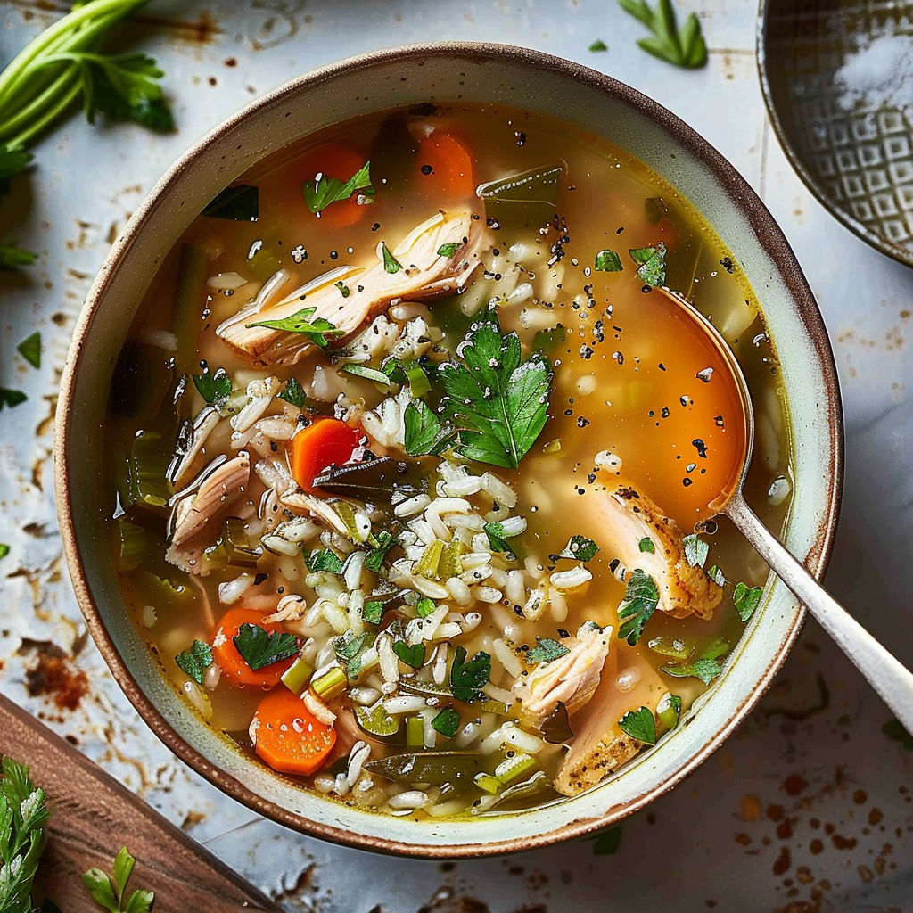 A bowl of soup with chicken and rice.