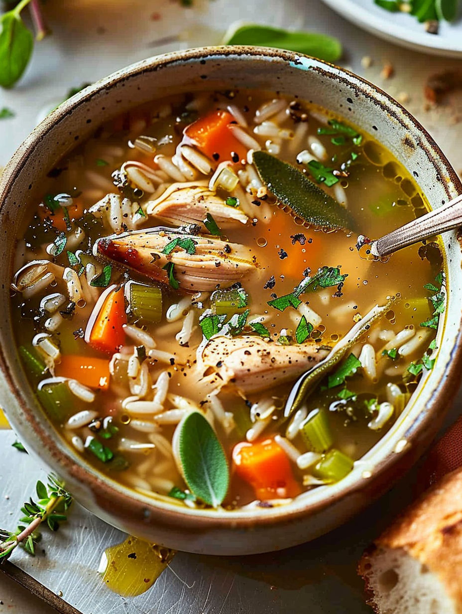 A bowl of soup with rice, chicken, and vegetables.