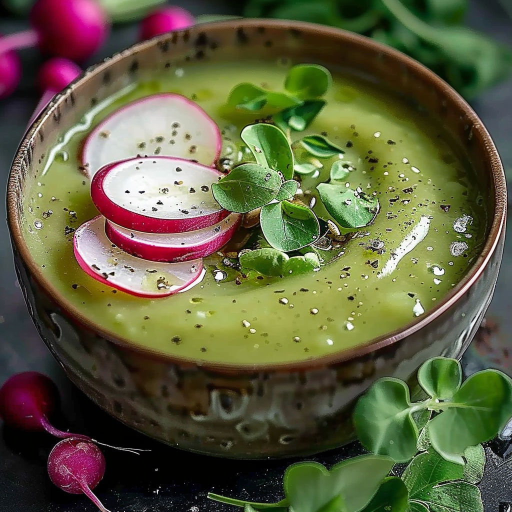 A bowl of soup with radish leaves on top.