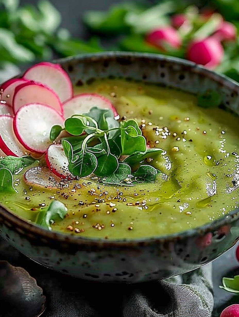 A bowl of soup with radish leaves on top.