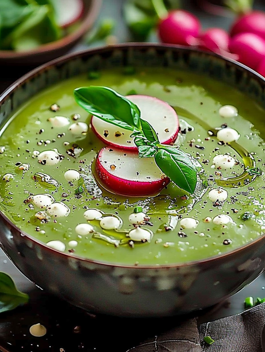 A bowl of soup with radish leaves on top.