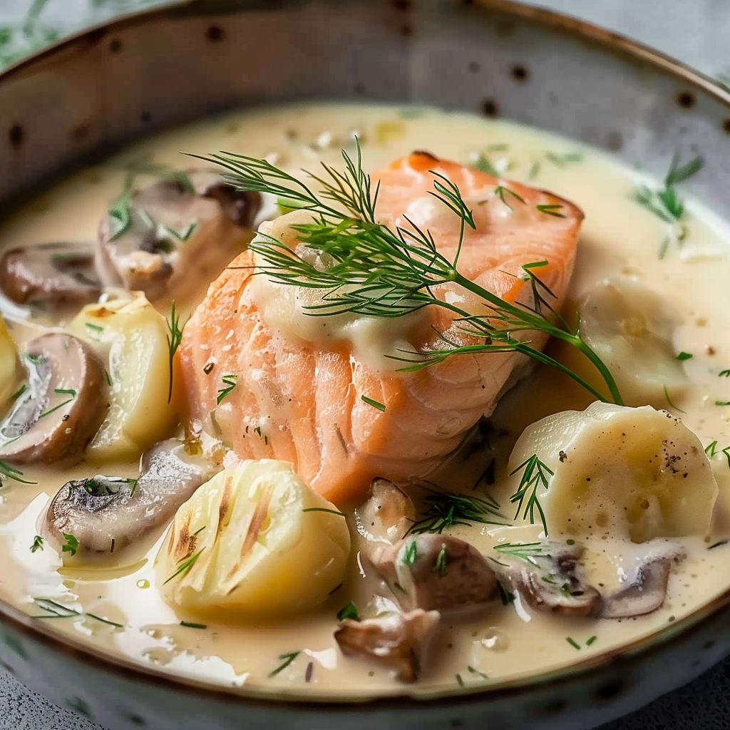 A bowl of soup with mushrooms and salmon.