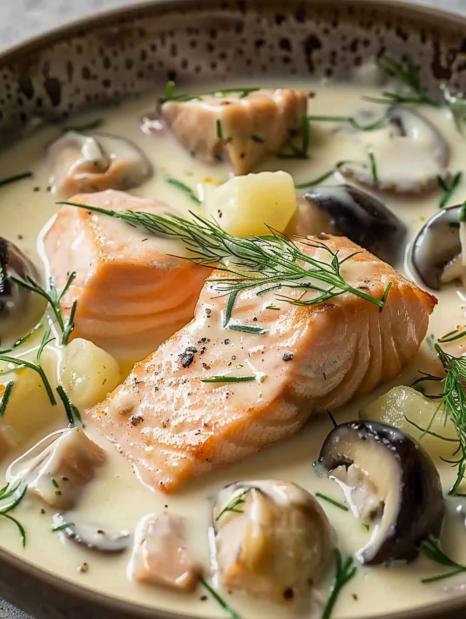 A dish of salmon with mushrooms and herbs.