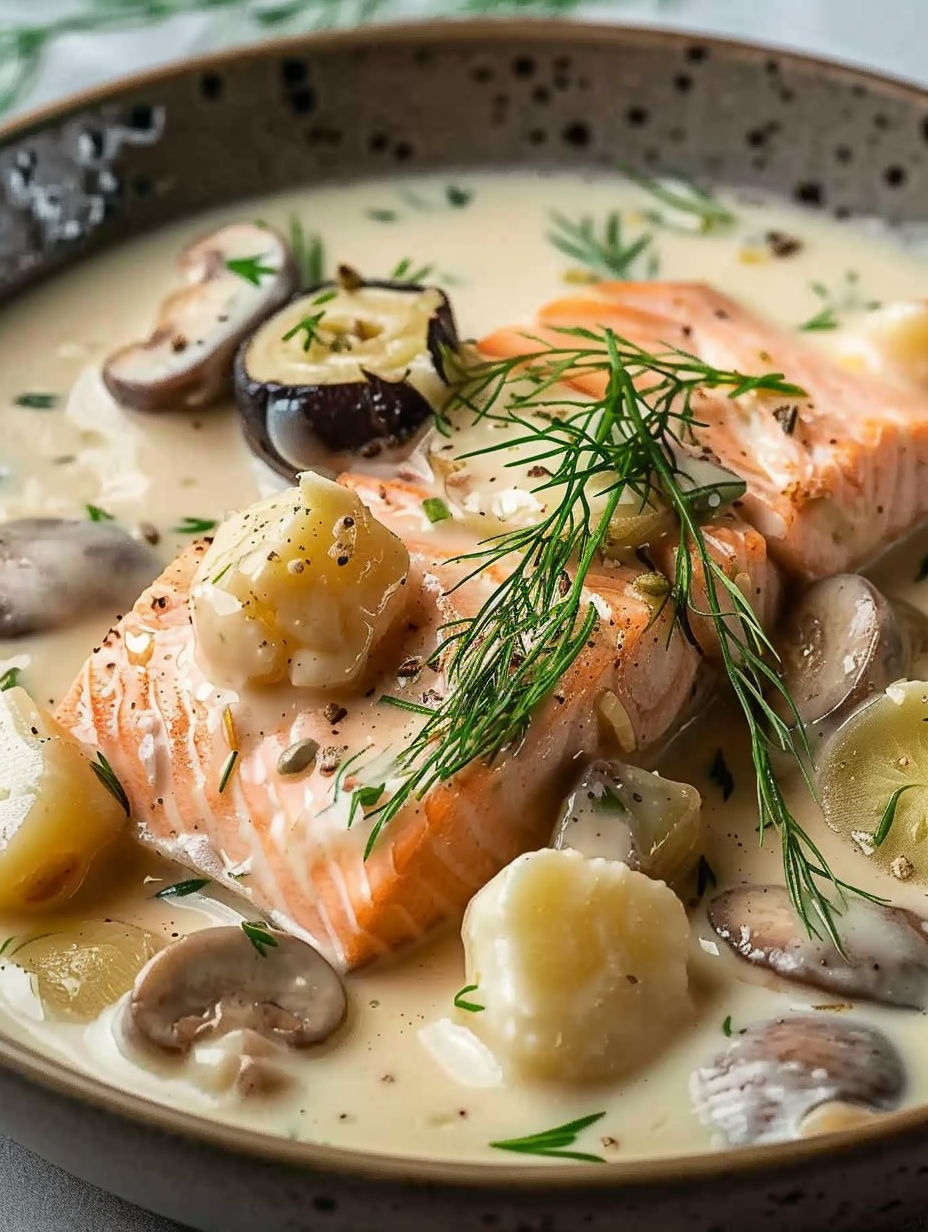 A bowl of soup with salmon and mushrooms.