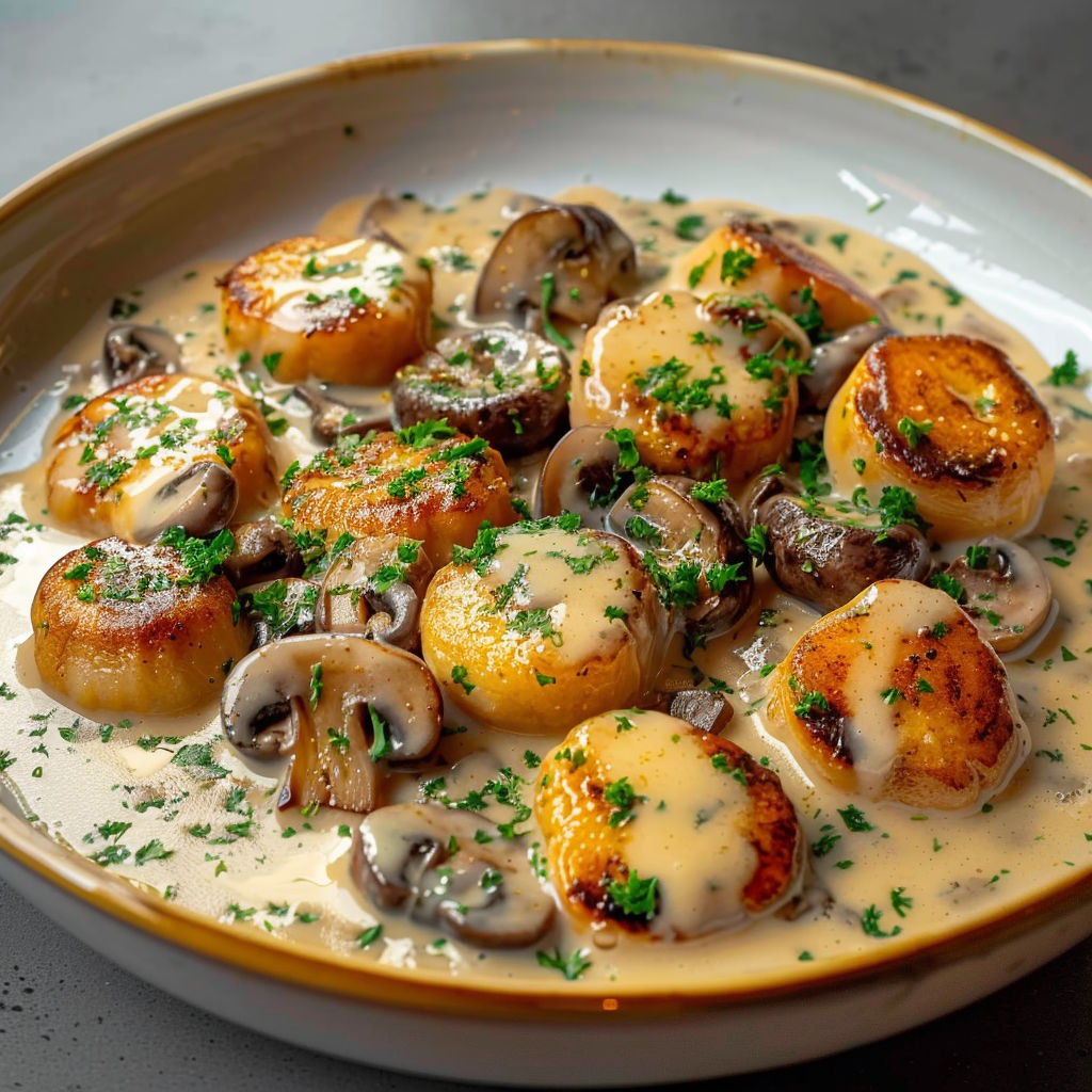 A bowl of food with mushrooms and scallops.