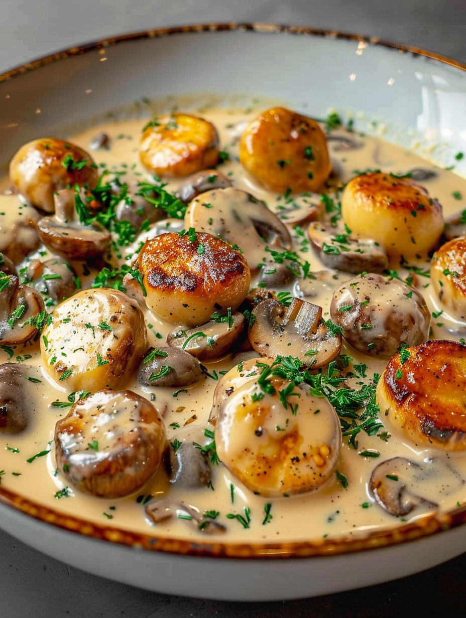 A plate of food with mushrooms and potatoes.