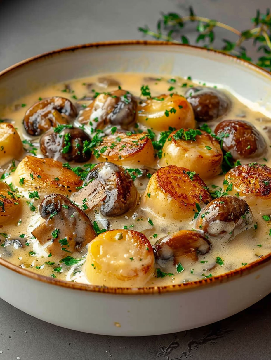 A bowl of food with mushrooms, potatoes, and other vegetables.