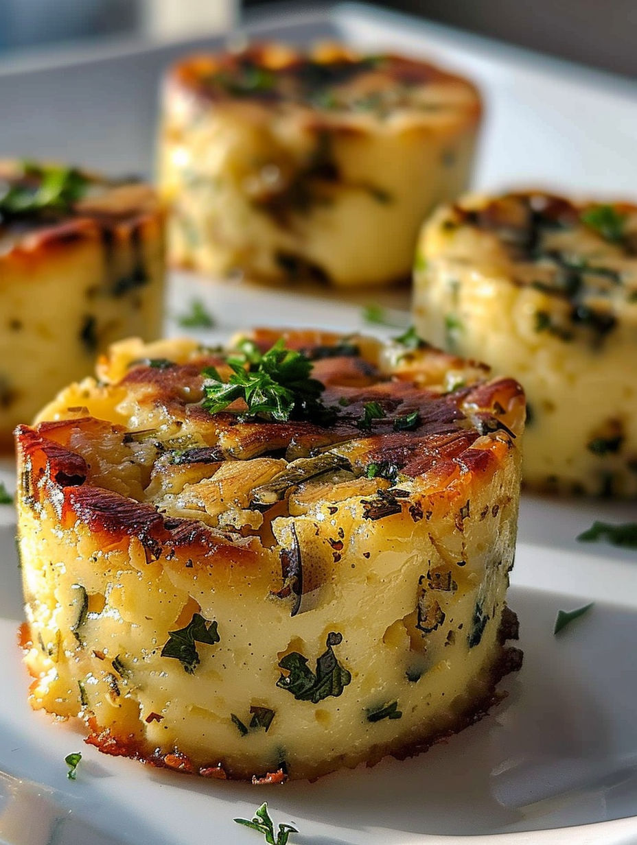 Three small cakes with herbs on top.