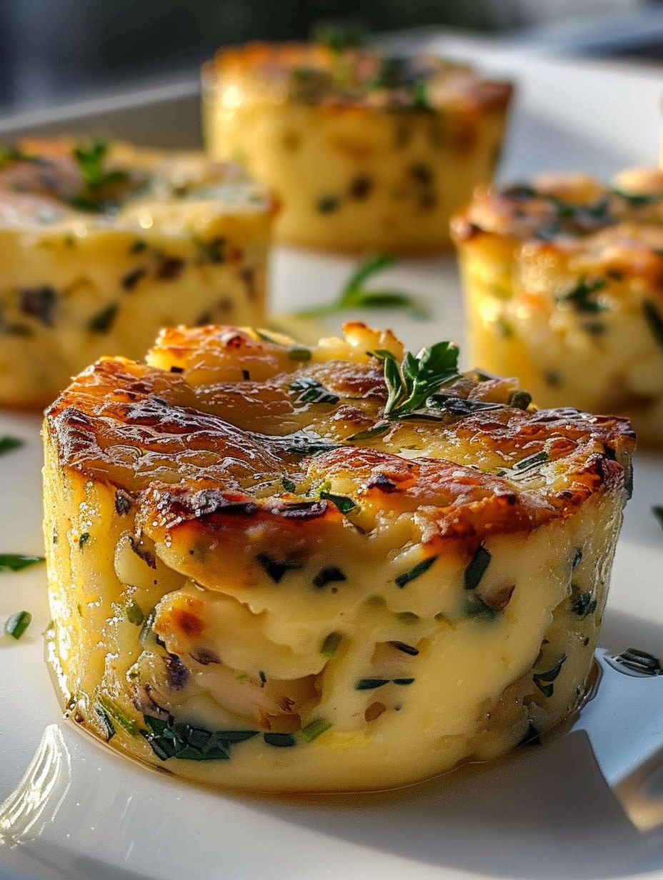 A plate of four small cakes with a green topping.