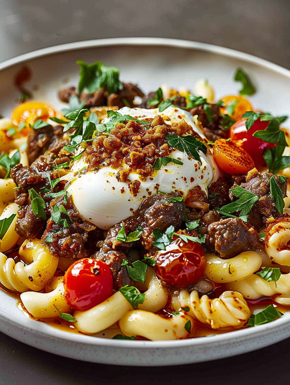 A bowl of pasta with meat and tomatoes.