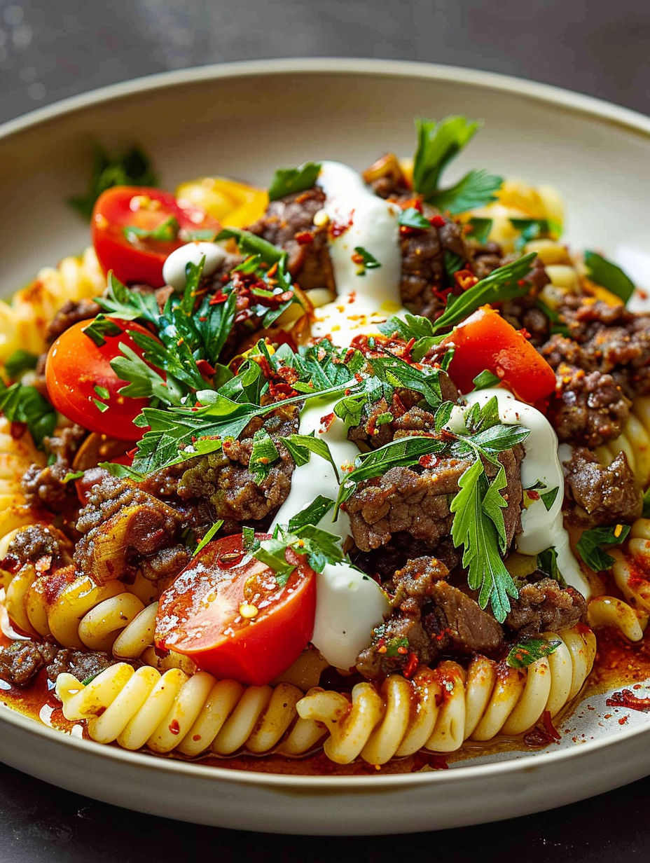 A bowl of pasta with meat and tomatoes.