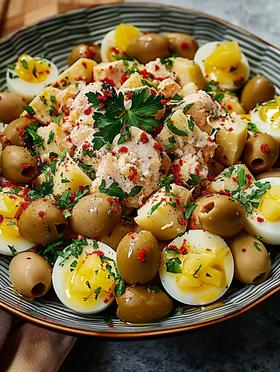 A bowl of food with olives, eggs, and chicken.