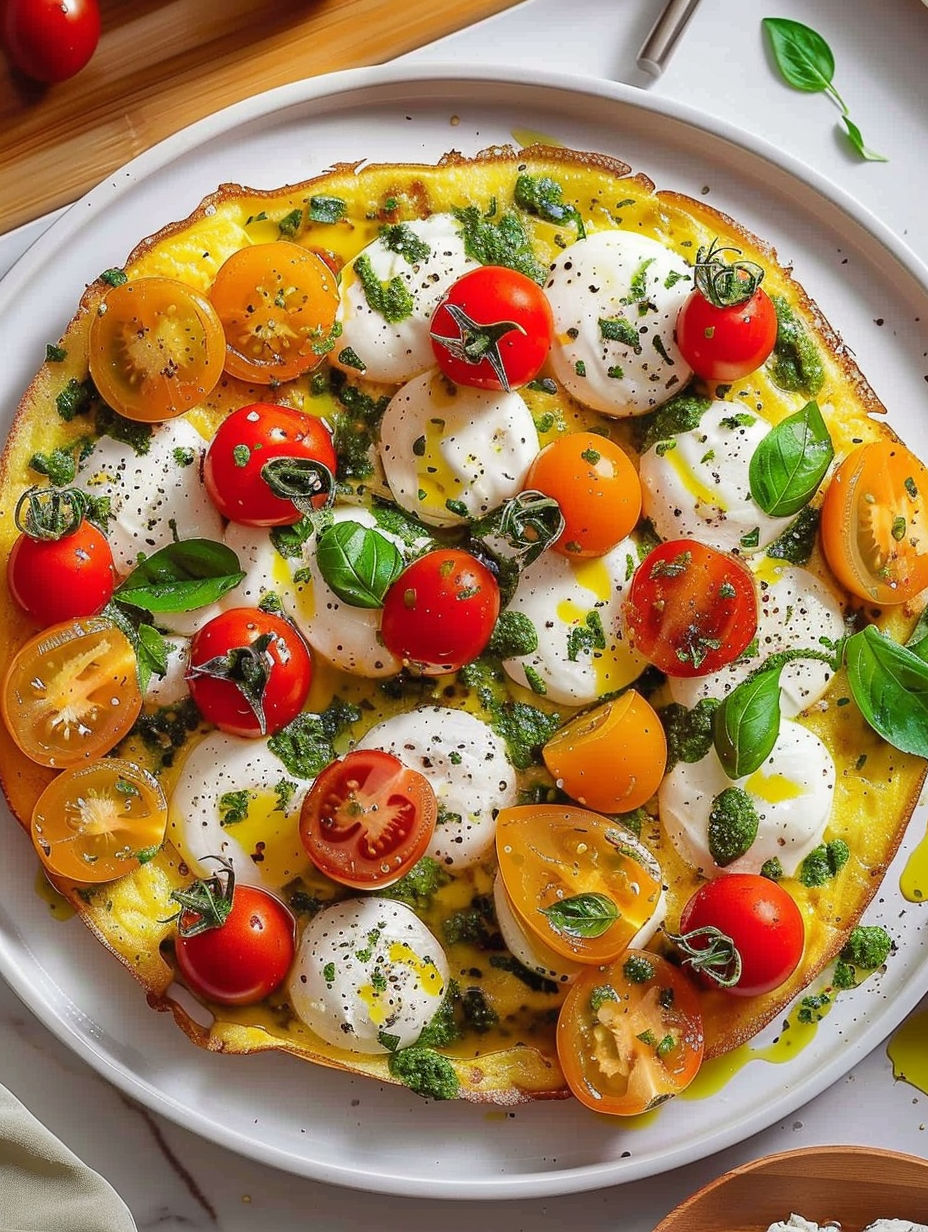 A plate of food with tomatoes, mozzarella, and pesto.