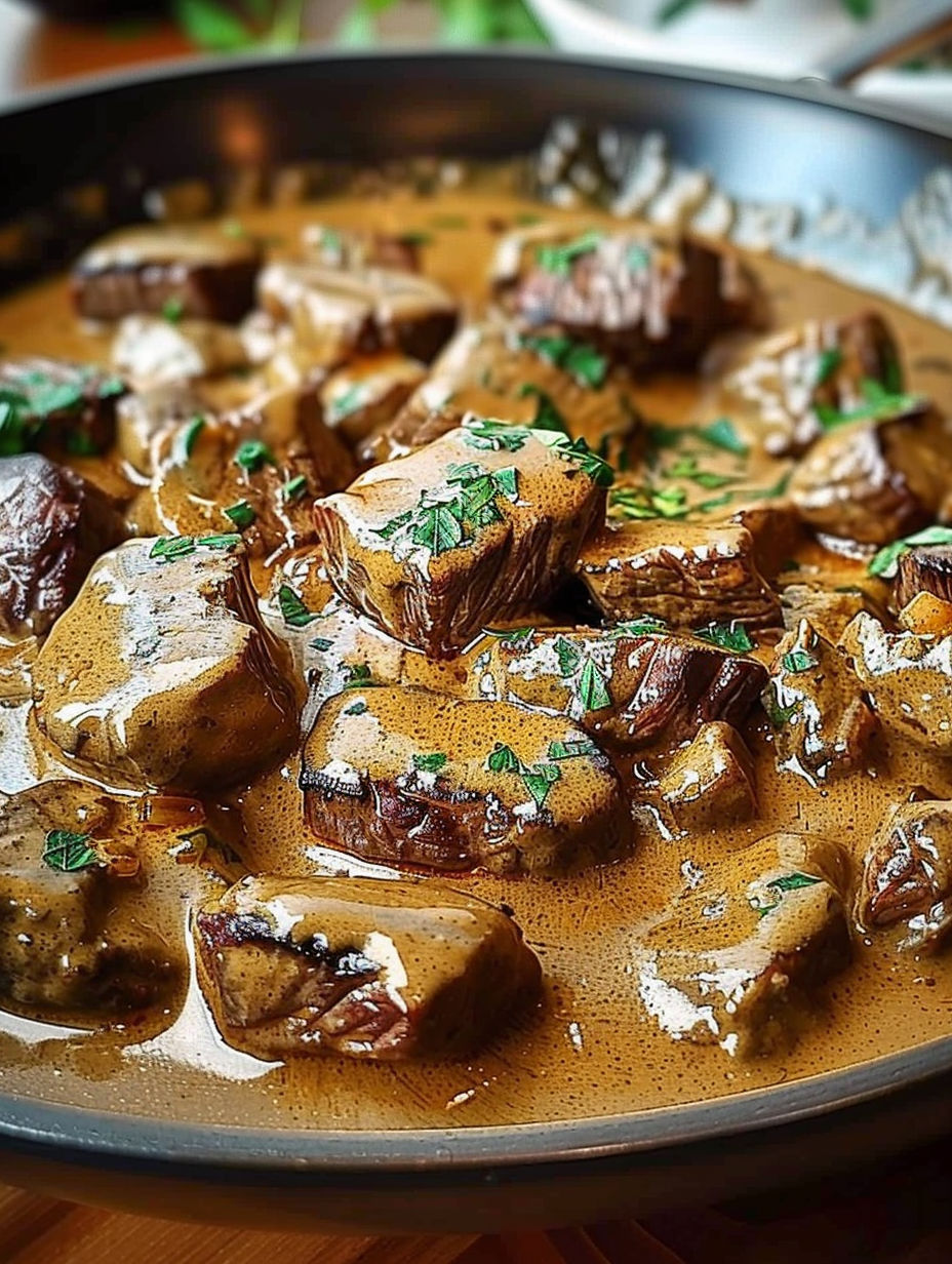 A dish of beef stroganoff with a green garnish.
