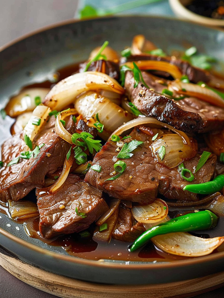 A plate of beef with onions and peppers.
