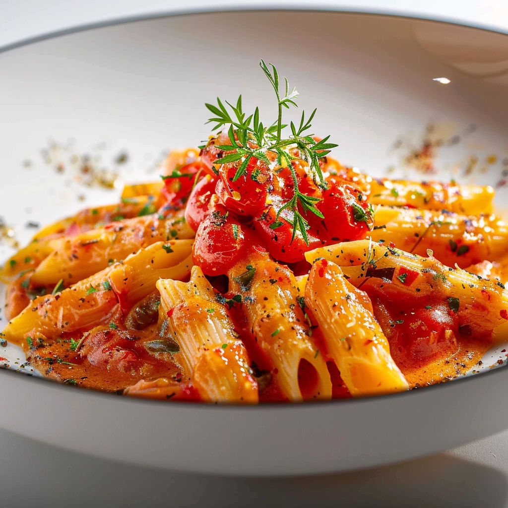 A bowl of pasta with tomatoes and herbs.