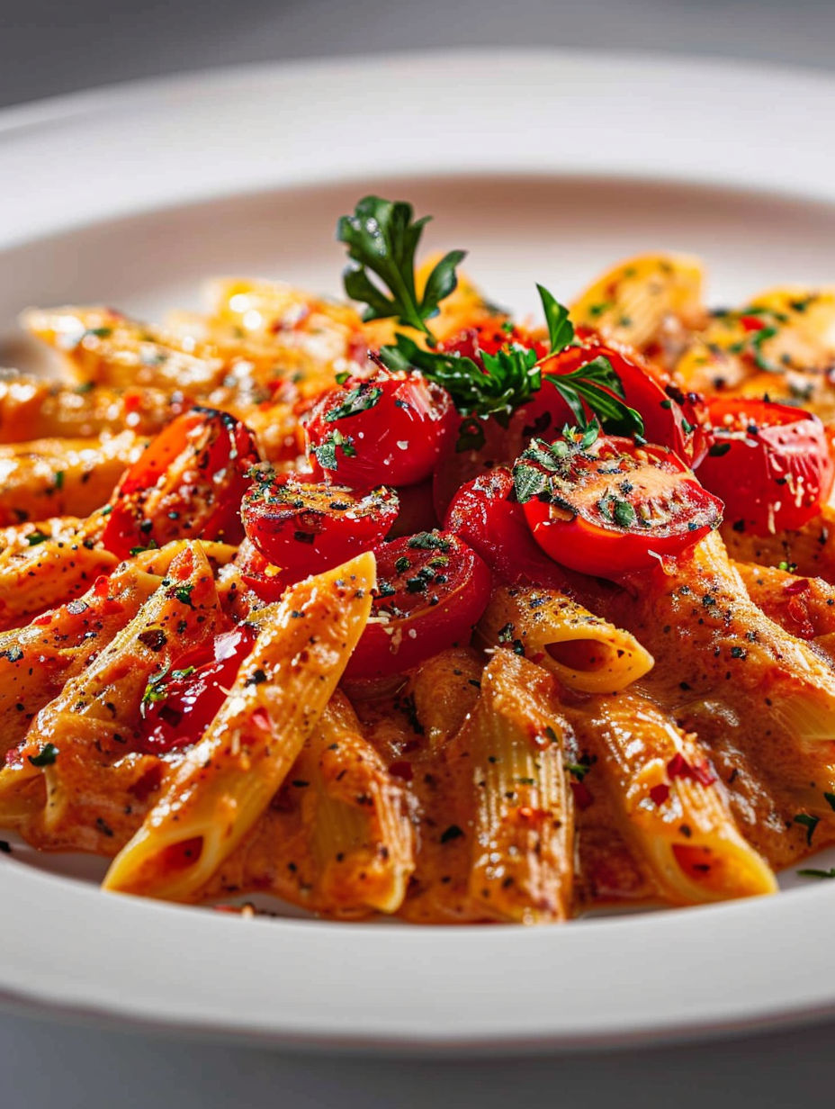 A plate of pasta with tomatoes on top.